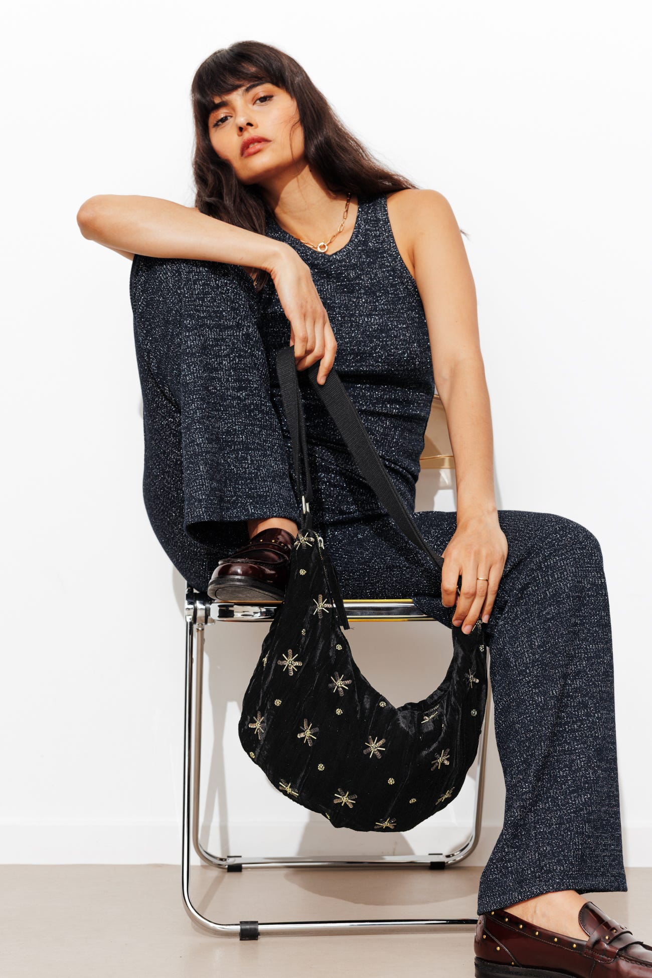 Pleated velour half-moon bag