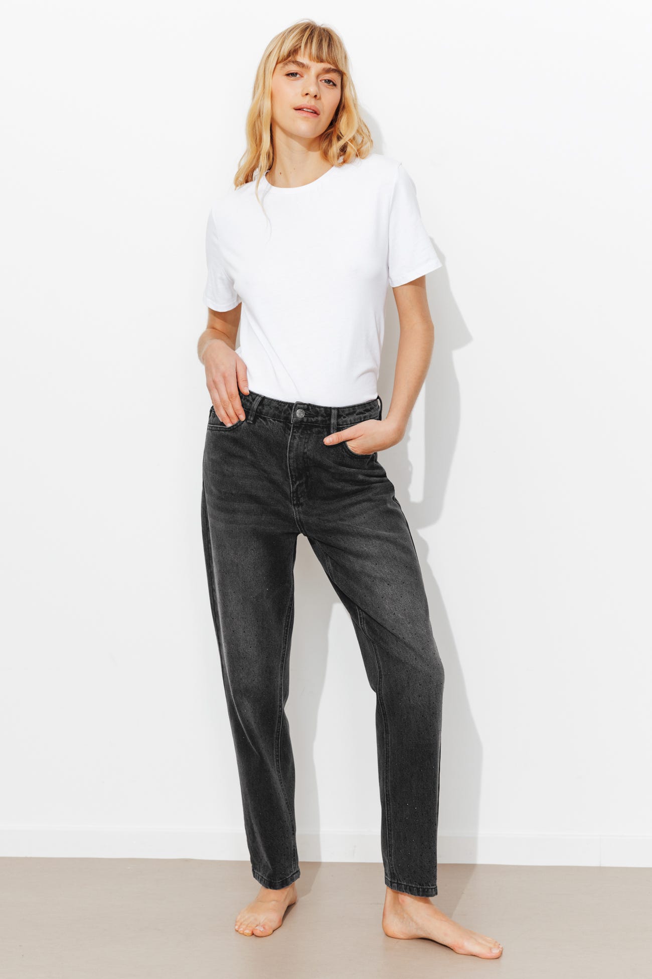 Jean slim strass taille haute