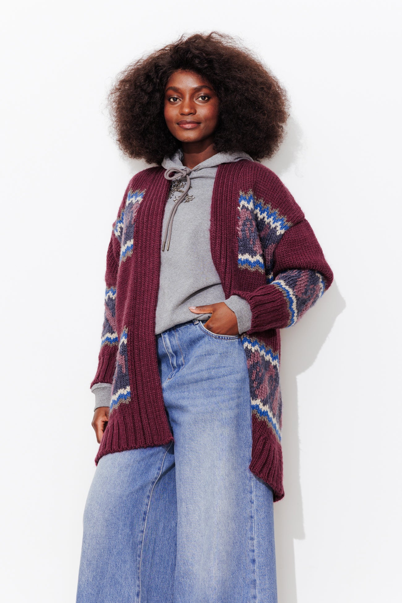 Long jacquard cardigan - Bordeaux red