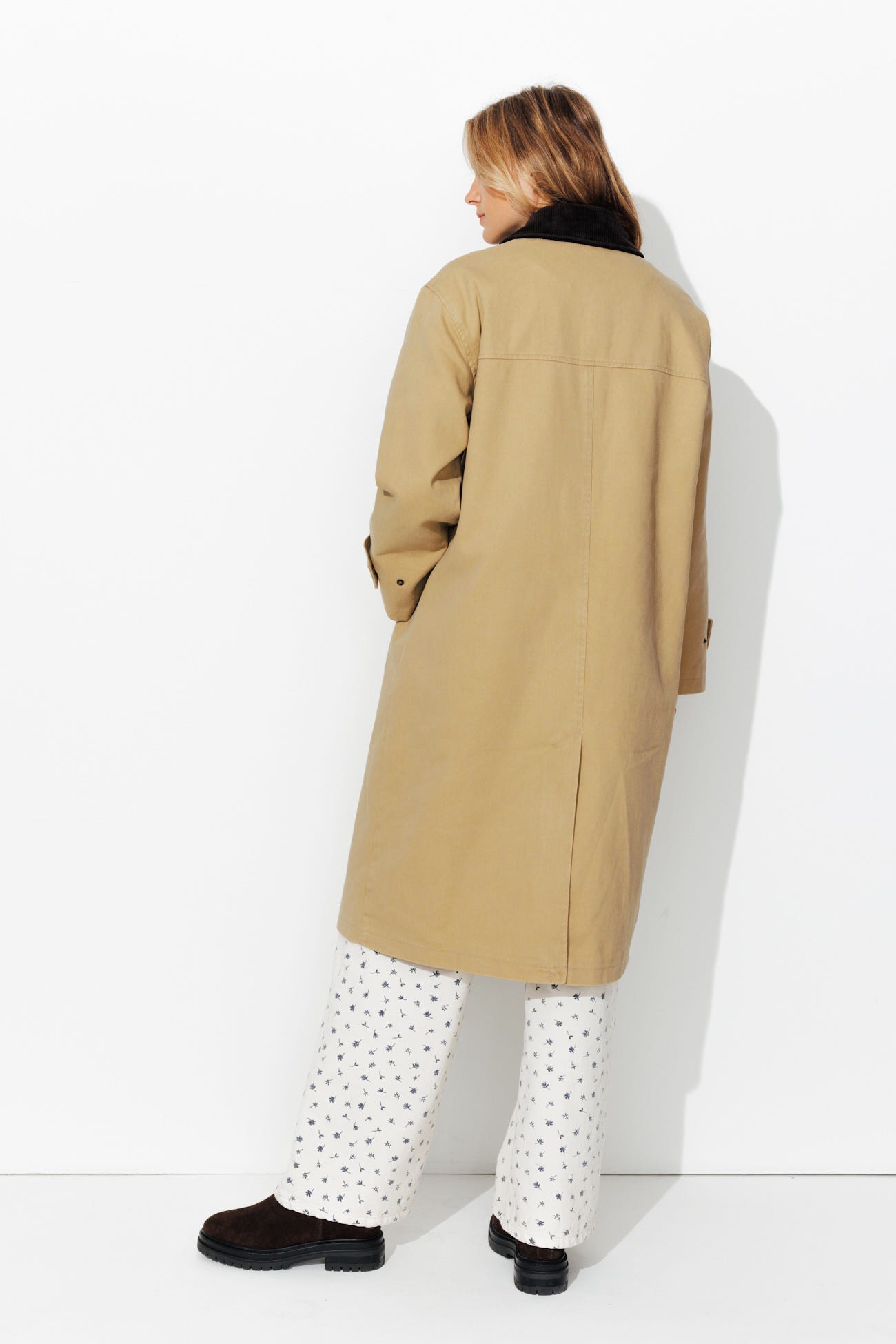 Corduroy collar long coat