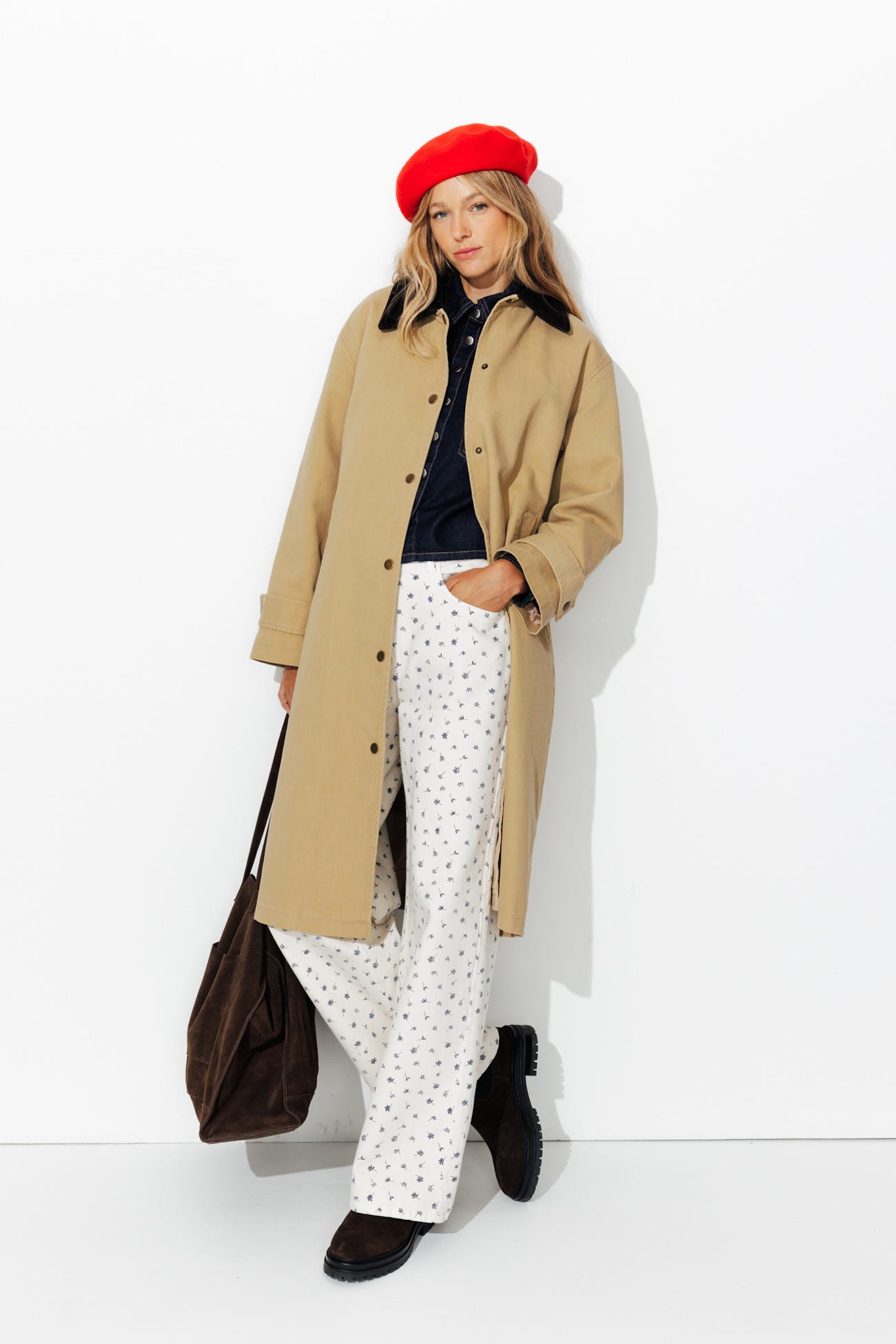 Corduroy collar long coat