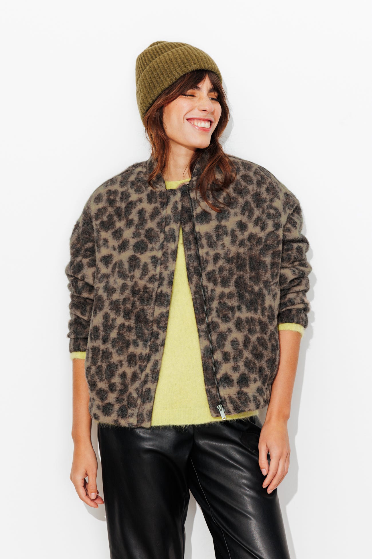 Bomber léopard en laine Femme