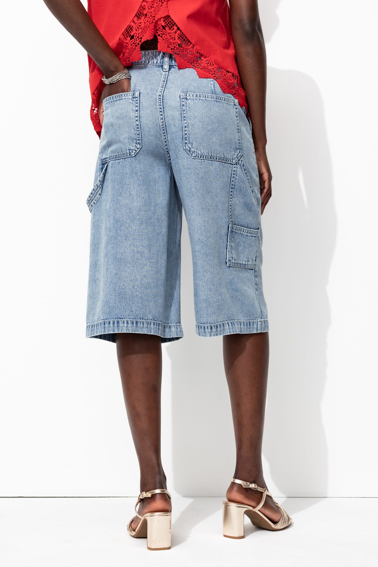 Wideleg denim bermudas