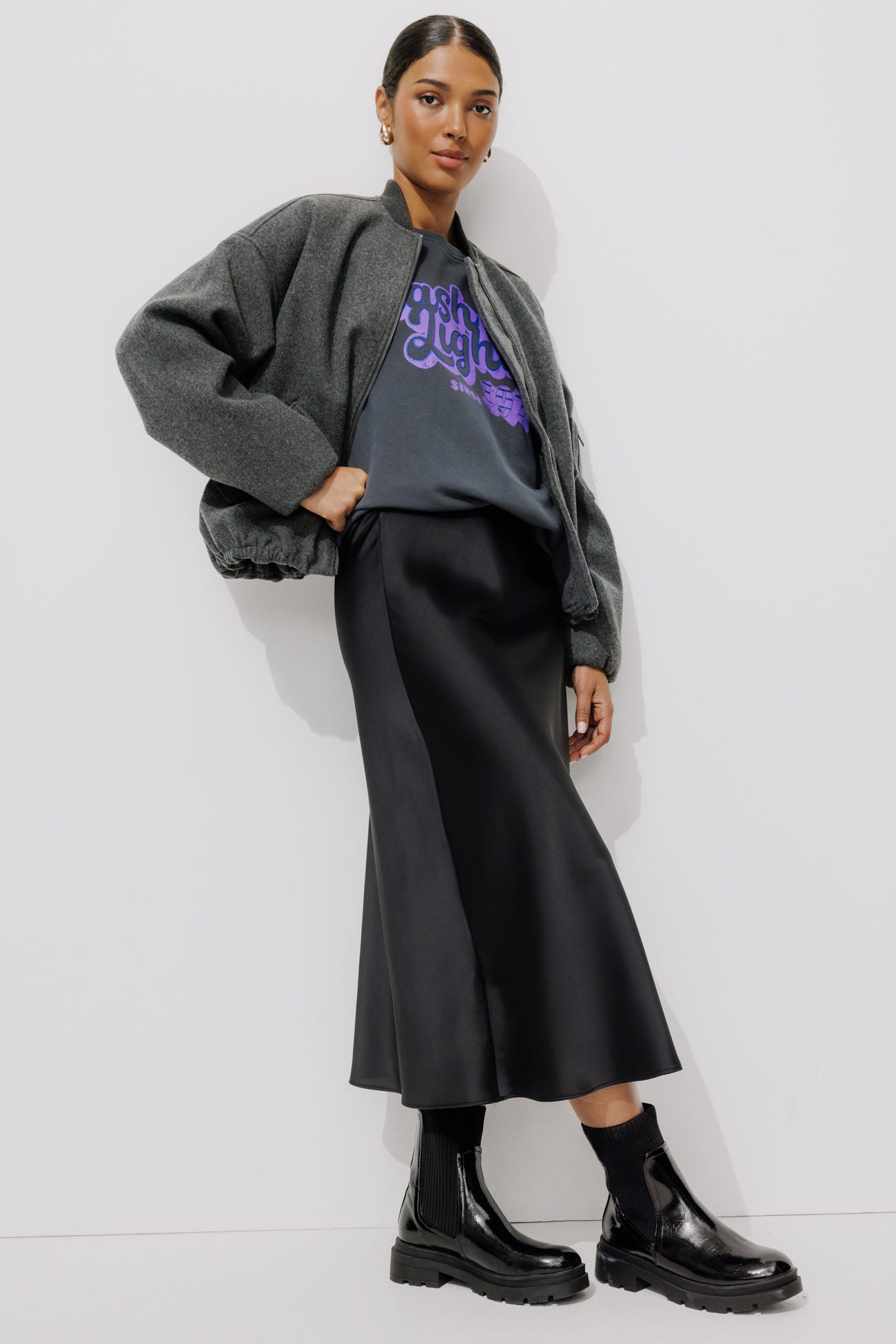 Jupe midi en satin Femme