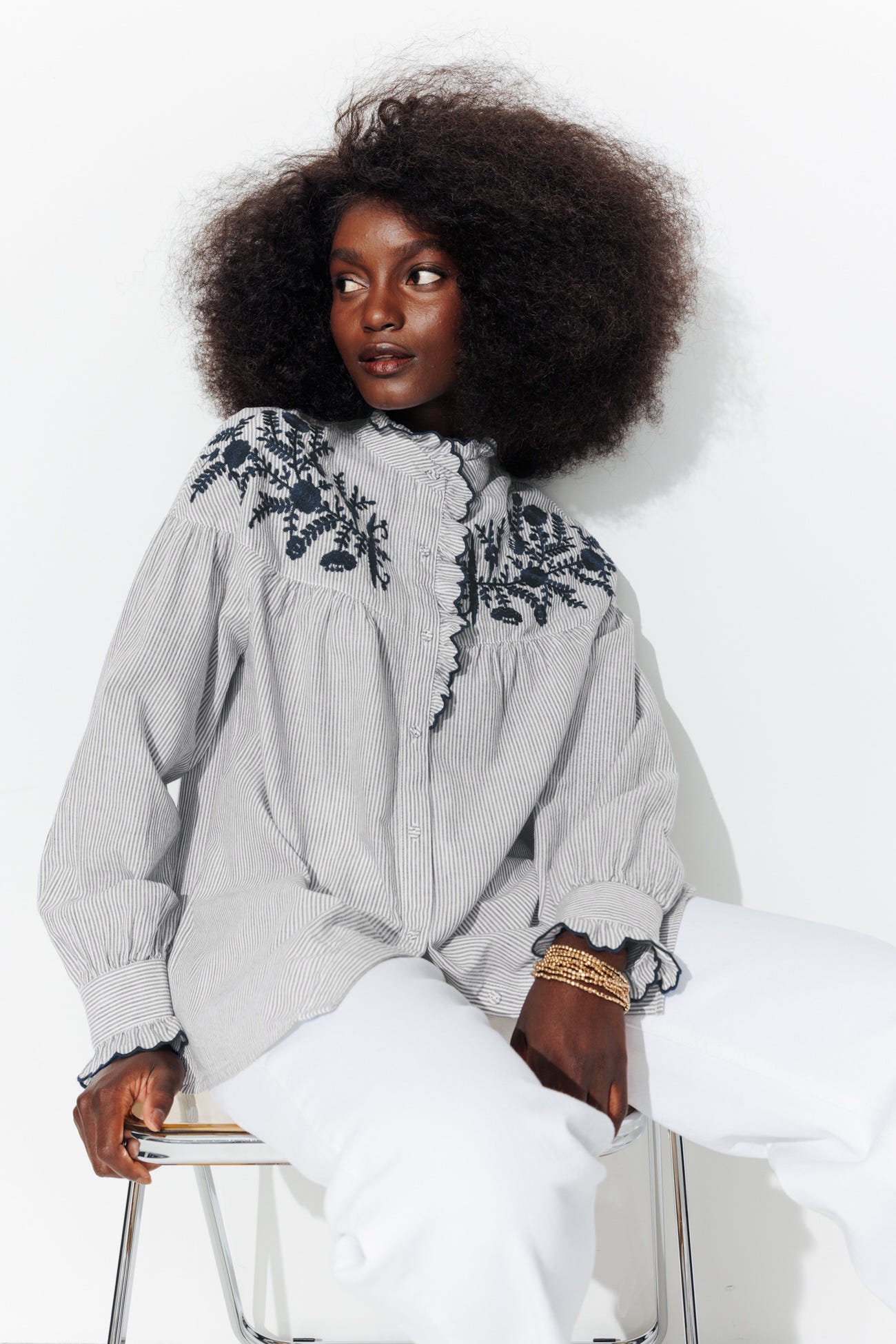 Chemise rayée brodée Femme