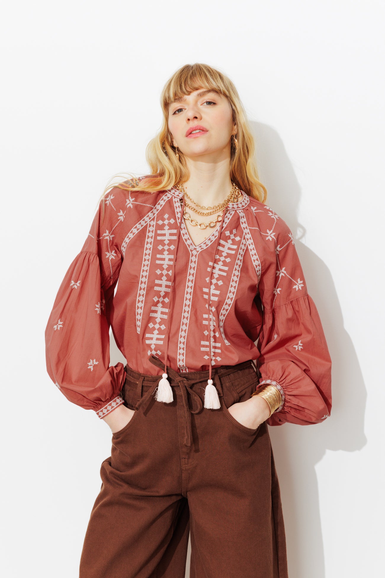 Cross-stitch embroidery blouse - Pink