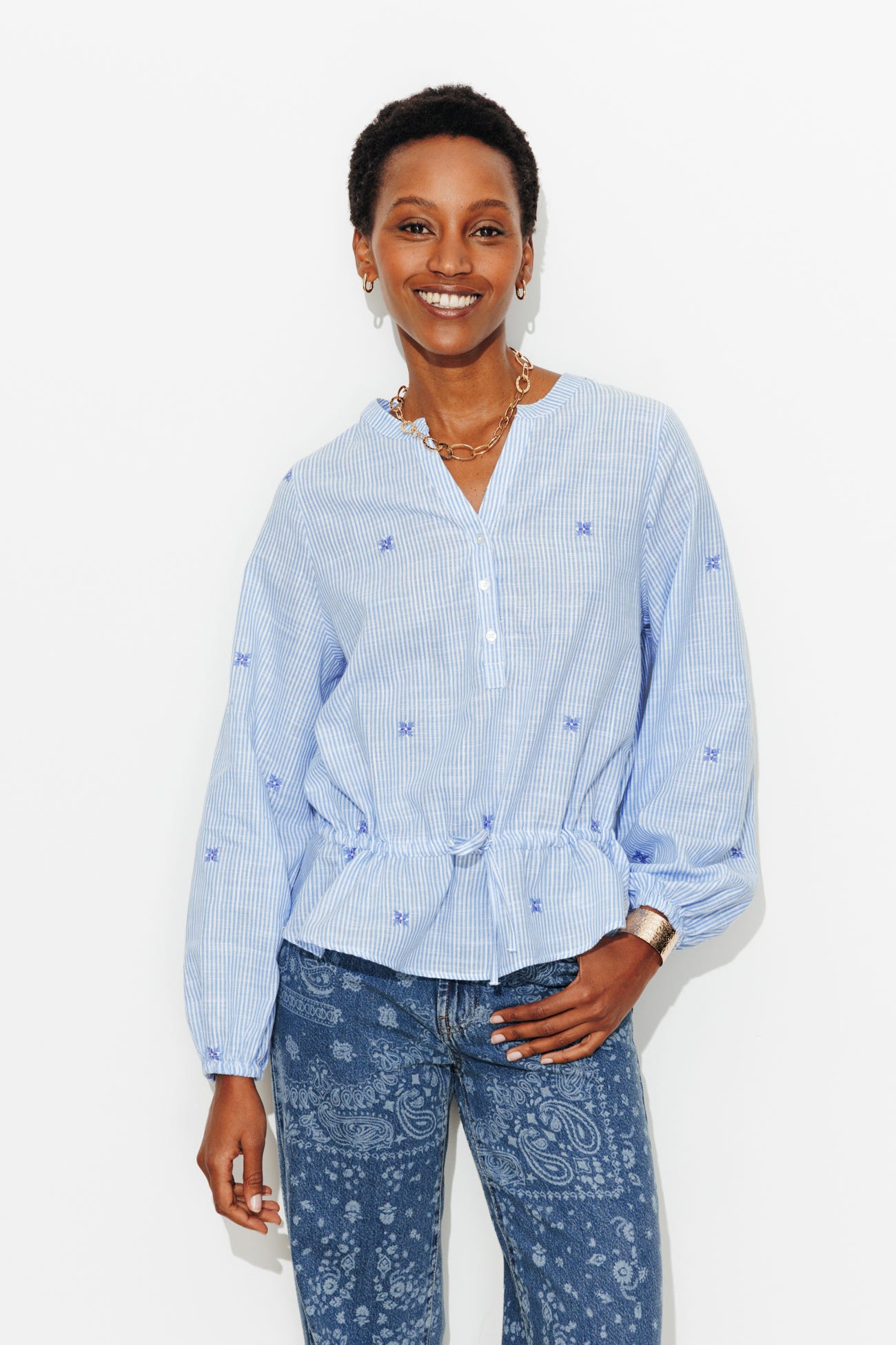 Blouse rayée brodée Femme