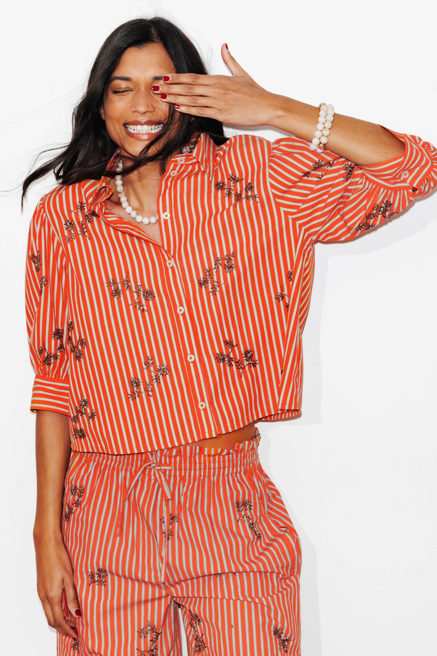 Chemise rayée perlée Femme