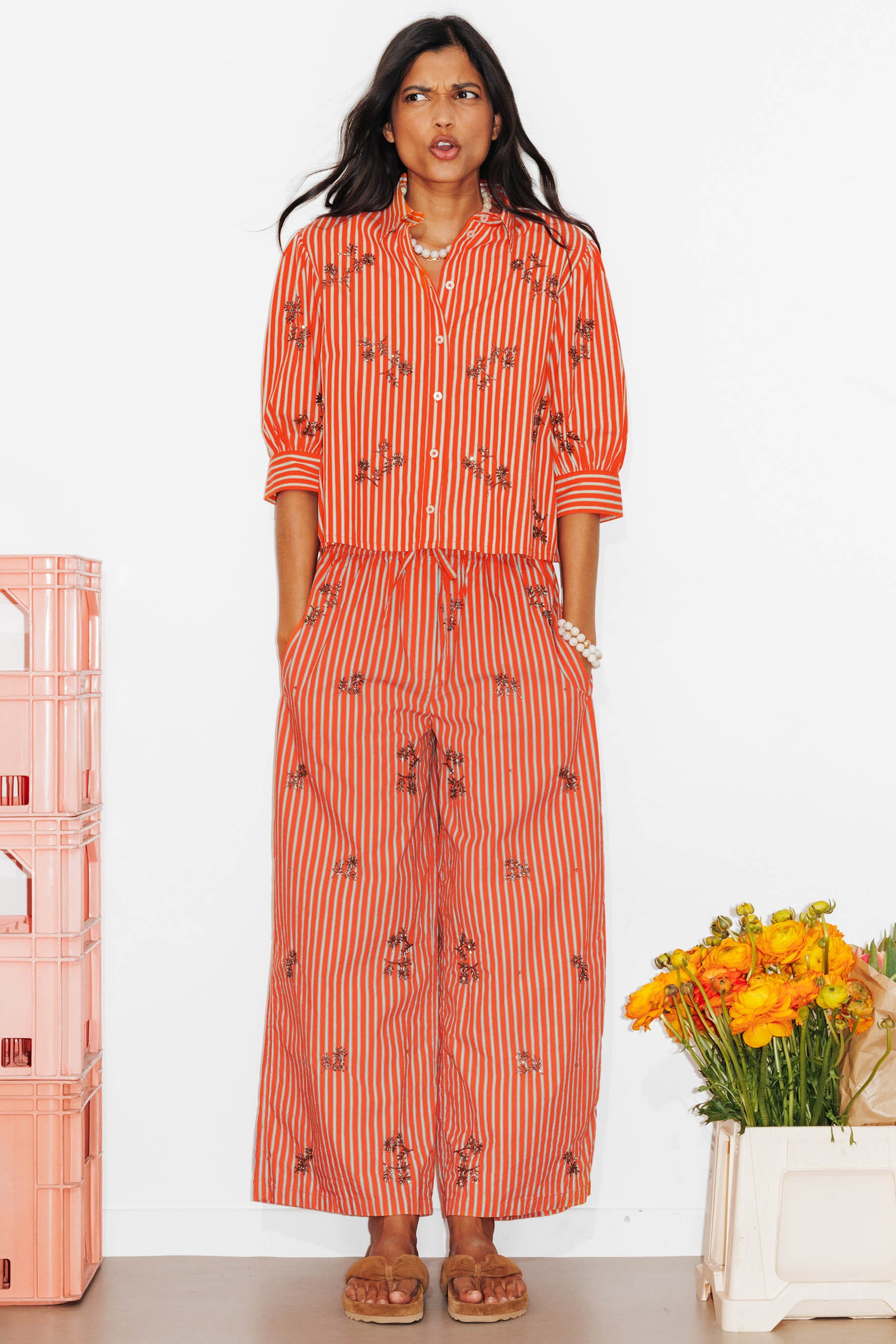 Chemise rayée perlée Femme