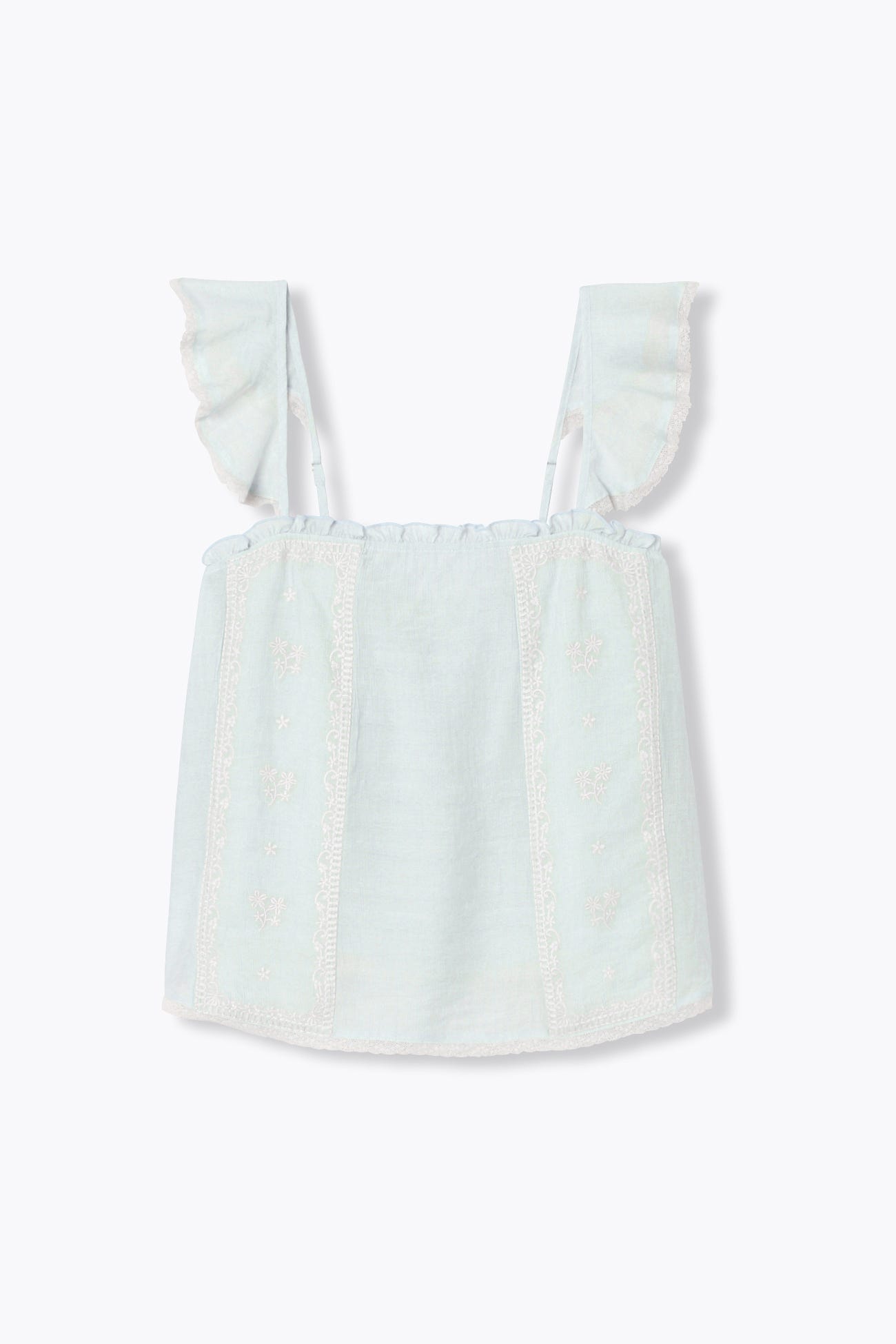 Top brodé bretelles volantées