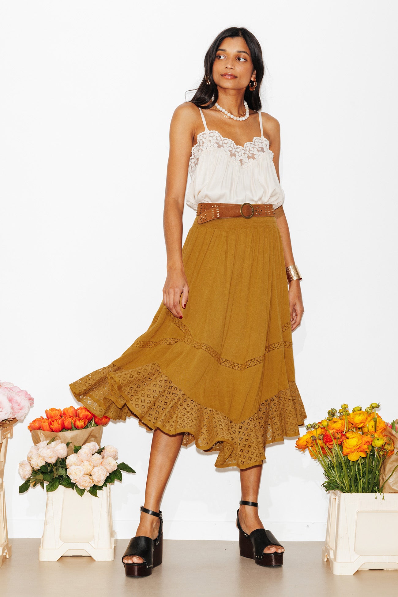 Lace-detail satin top - Beige