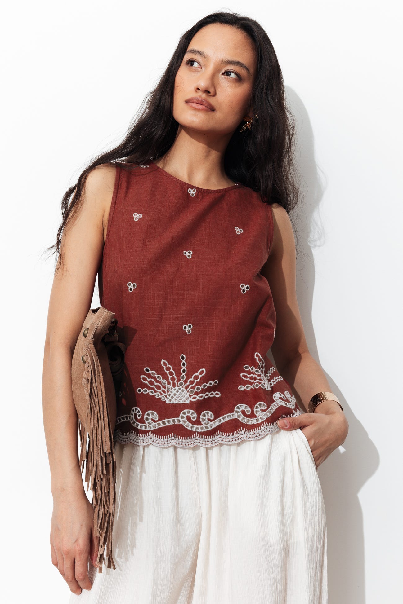 Top brodé en coton Femme