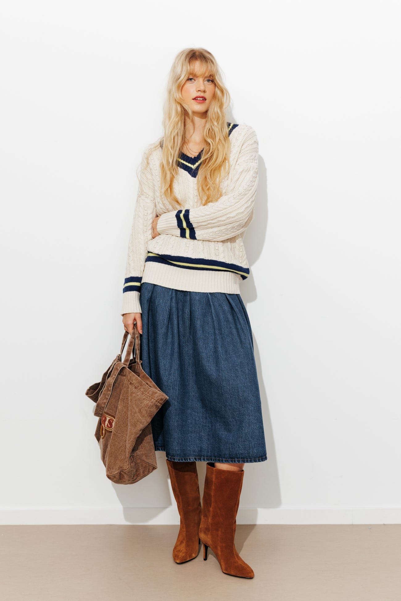 Flared denim midi skirt