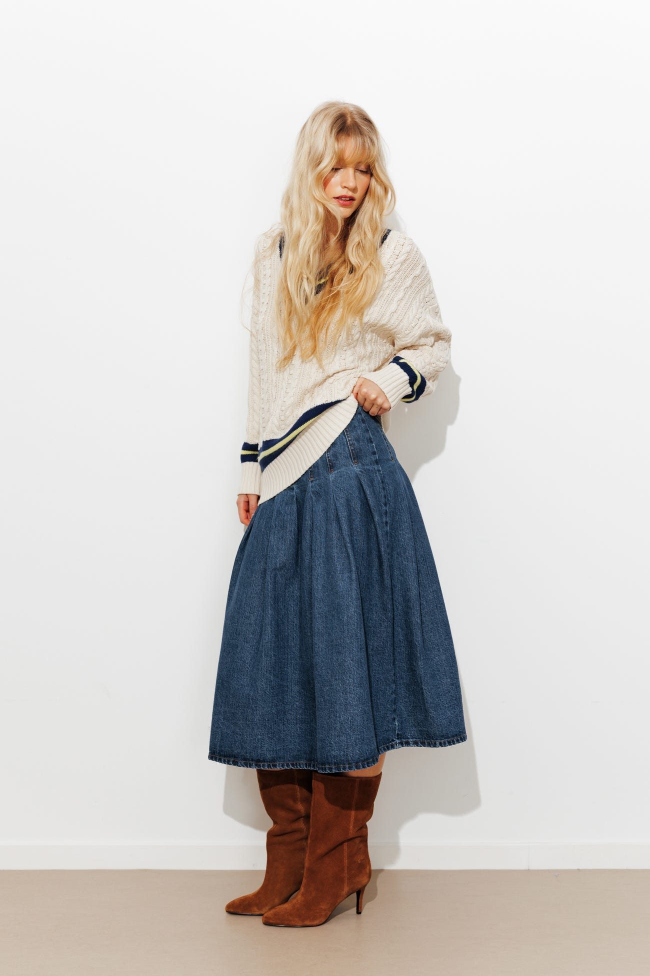 Flared denim midi skirt