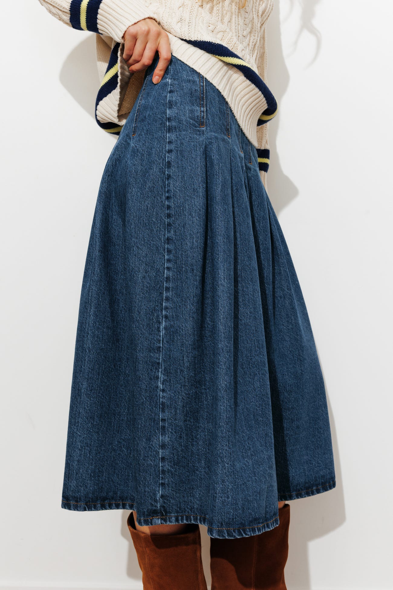 Flared denim midi skirt
