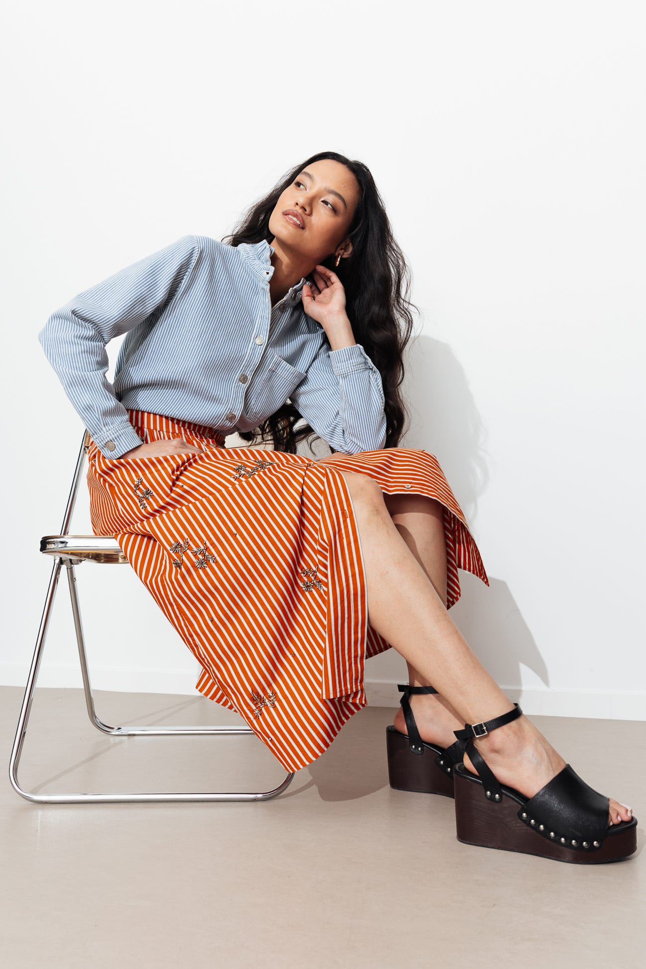 Striped beaded midi skirt