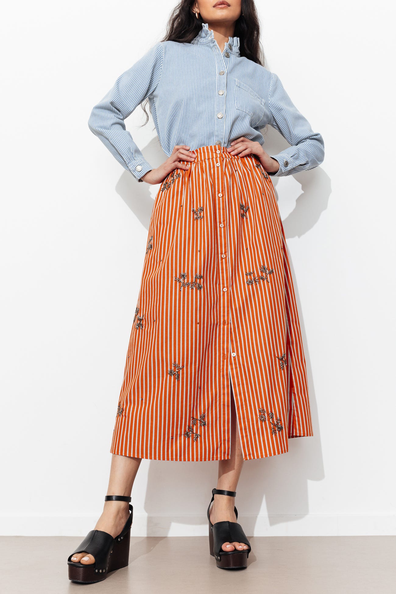 Striped beaded midi skirt