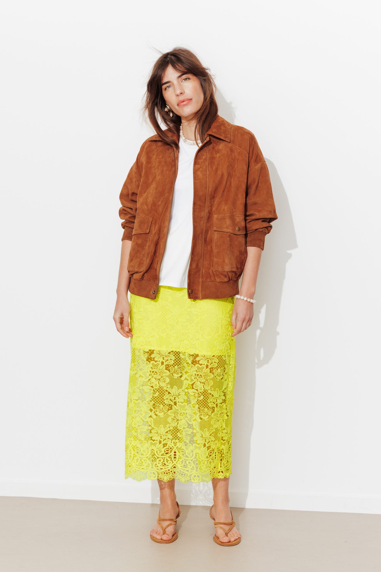 Jupe midi en guipure Femme