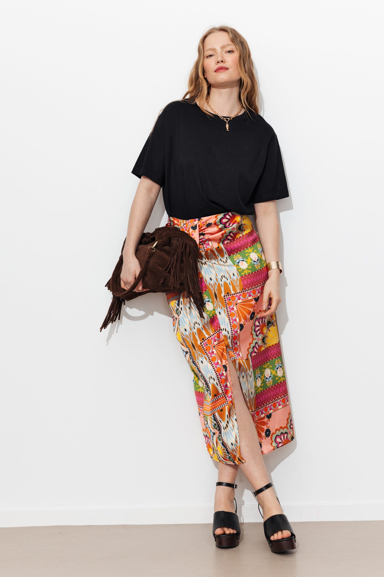 Jupe midi en satin imprimé