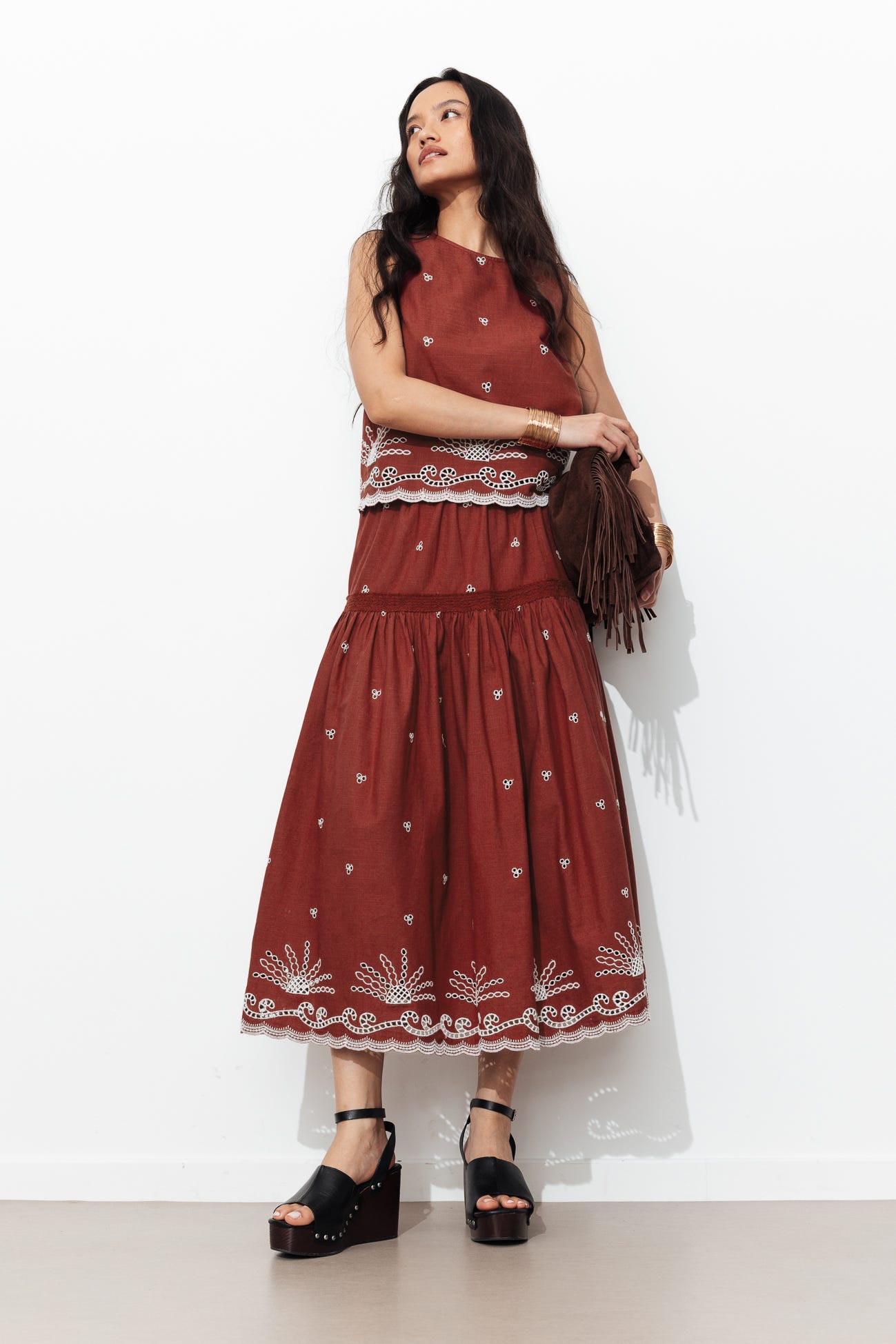 Jupe jupon midi brodée Femme