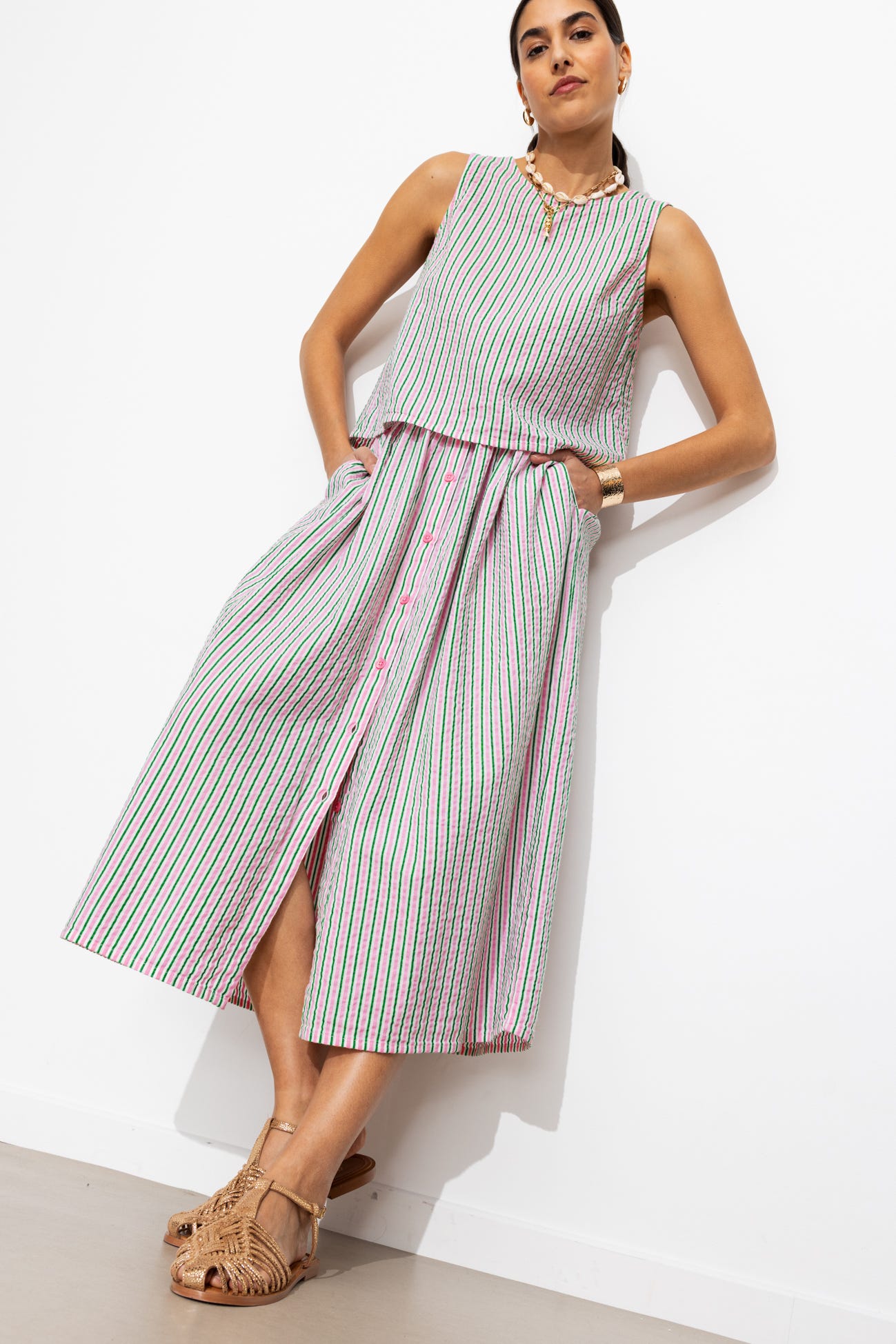 Jupe midi rayée évasée Femme