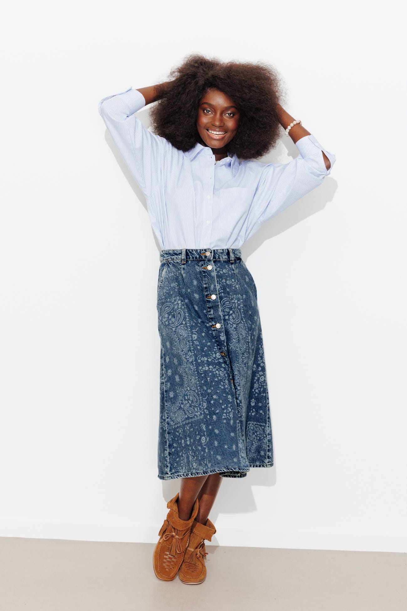 Laser pattern denim midi skirt