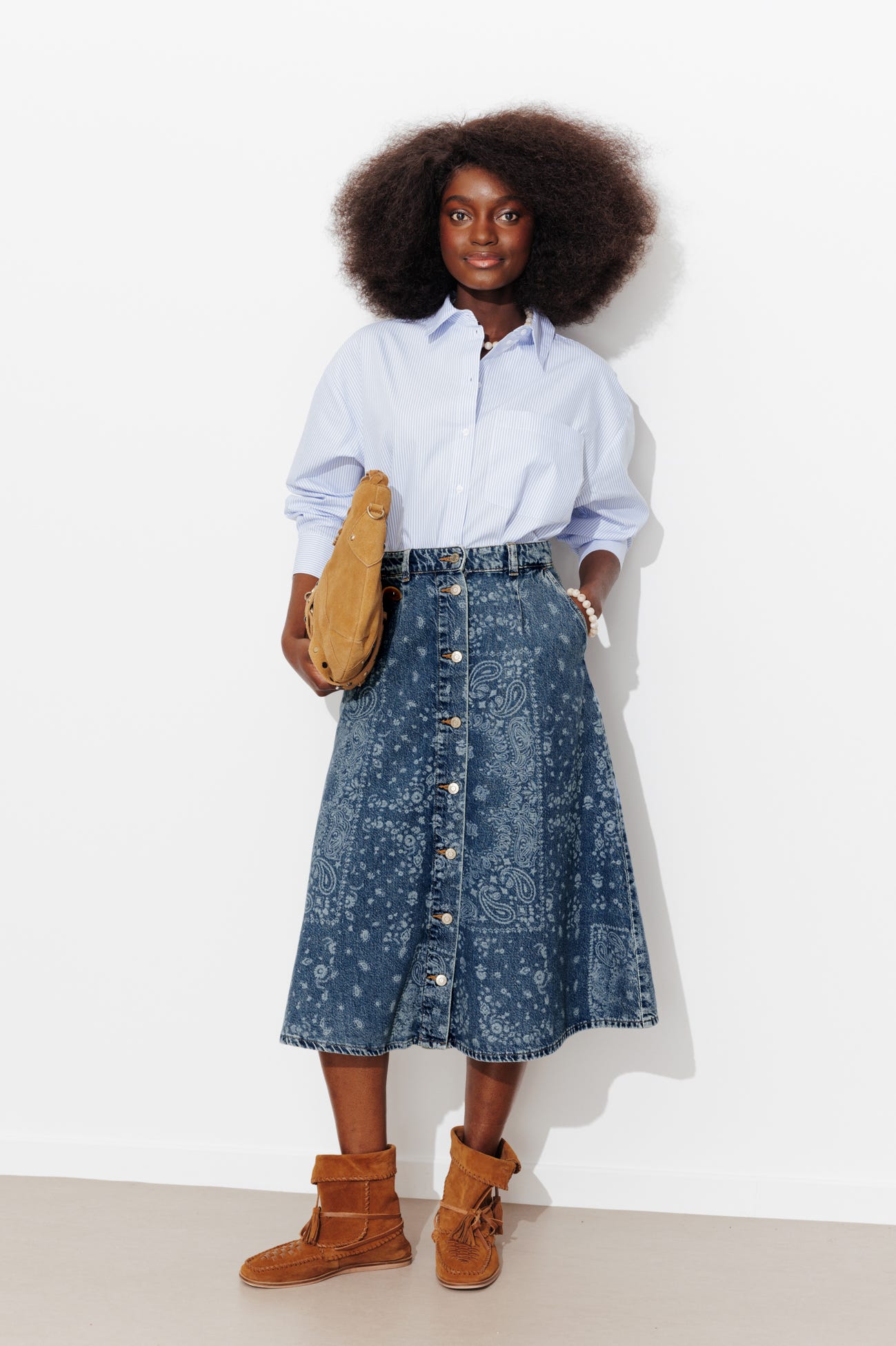 Laser pattern denim midi skirt