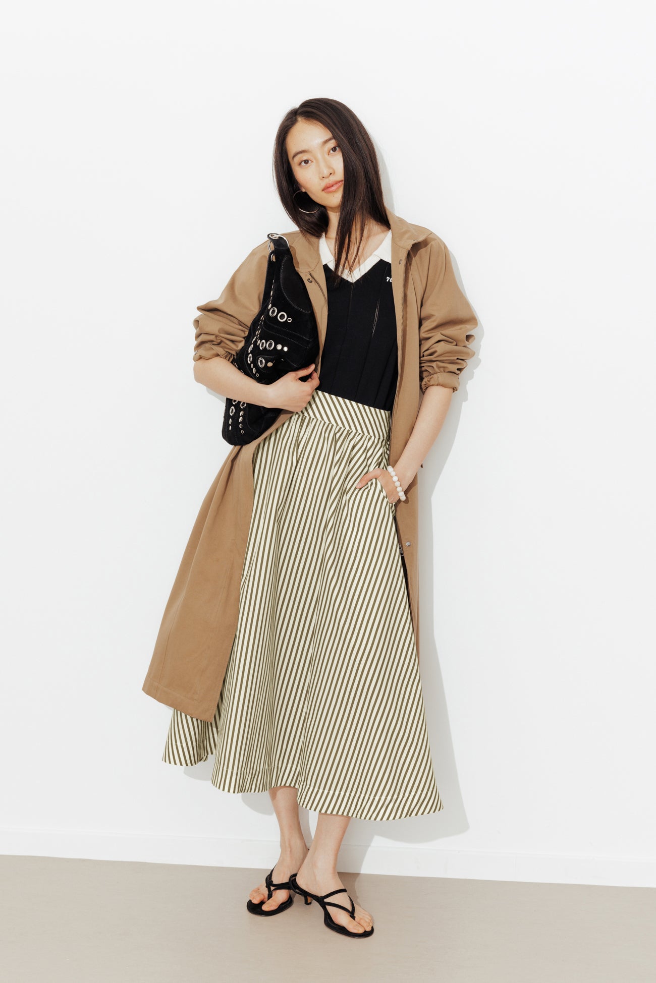 Midi flared striped skirt - Khaki stripes