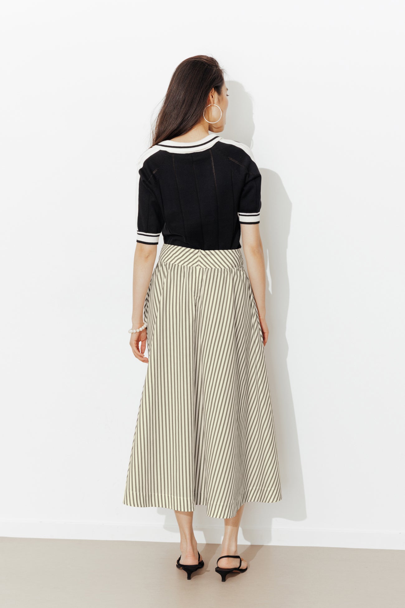 Midi flared striped skirt - Khaki stripes
