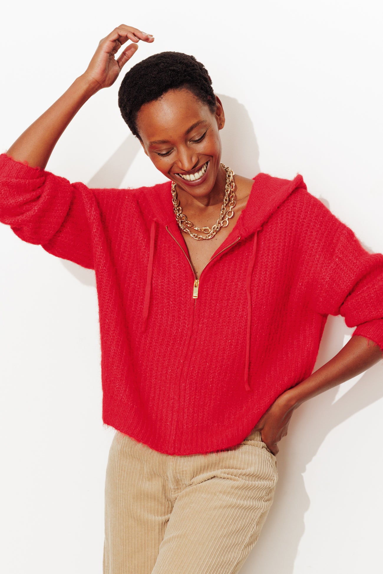 Fluffy hooded cardigan - Red