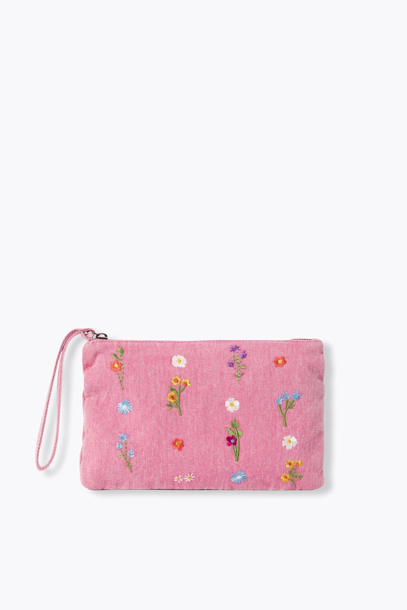 Pochette zippée en jean brodé