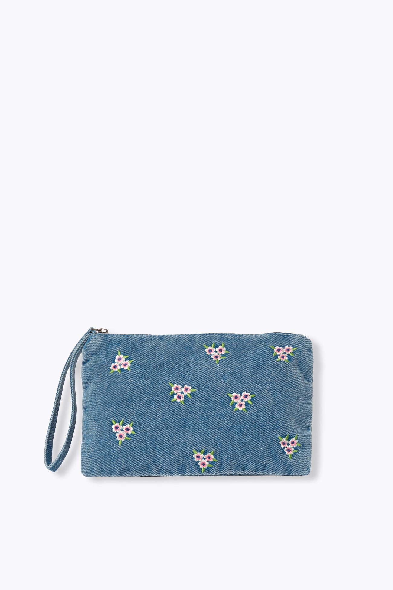 Pochette zippée en jean brodé