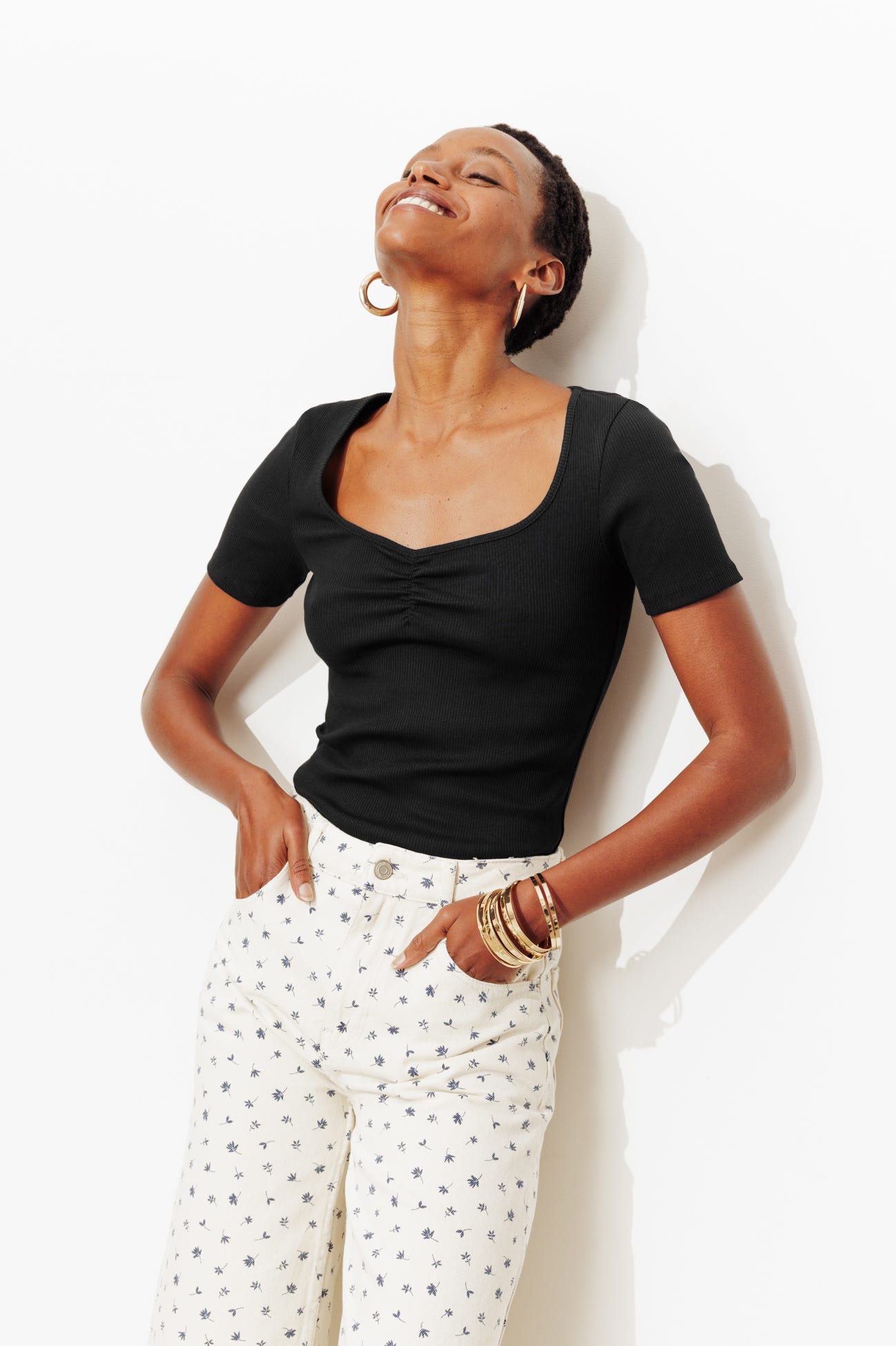 T-shirt côtelé col cœur Femme