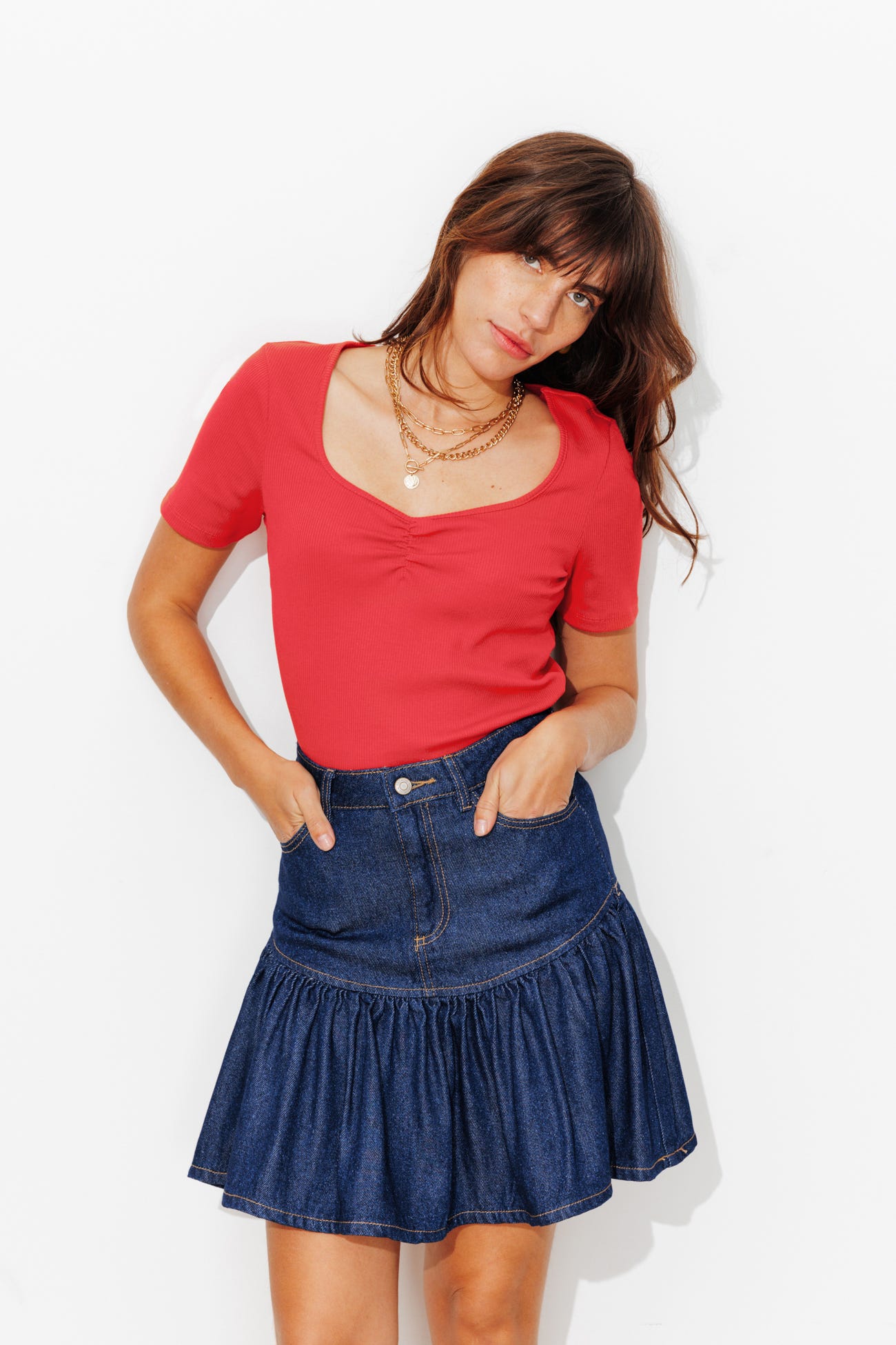 T-shirt côtelé col cœur Femme