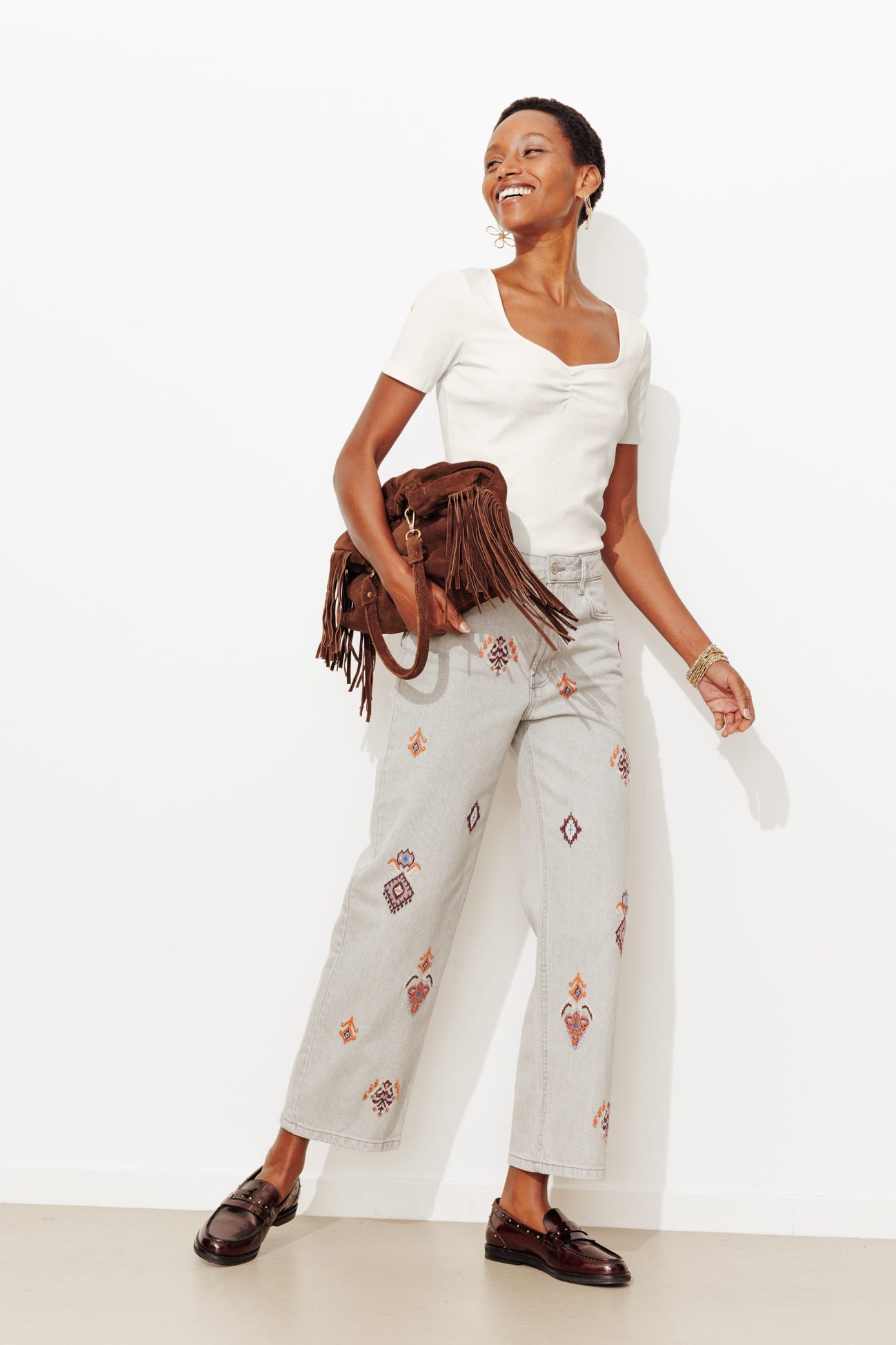 T-shirt côtelé col cœur Femme