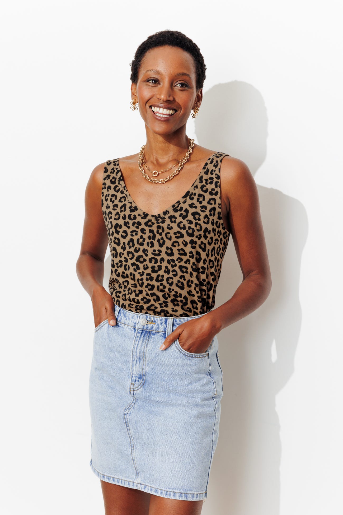 Débardeur léopard col V Femme