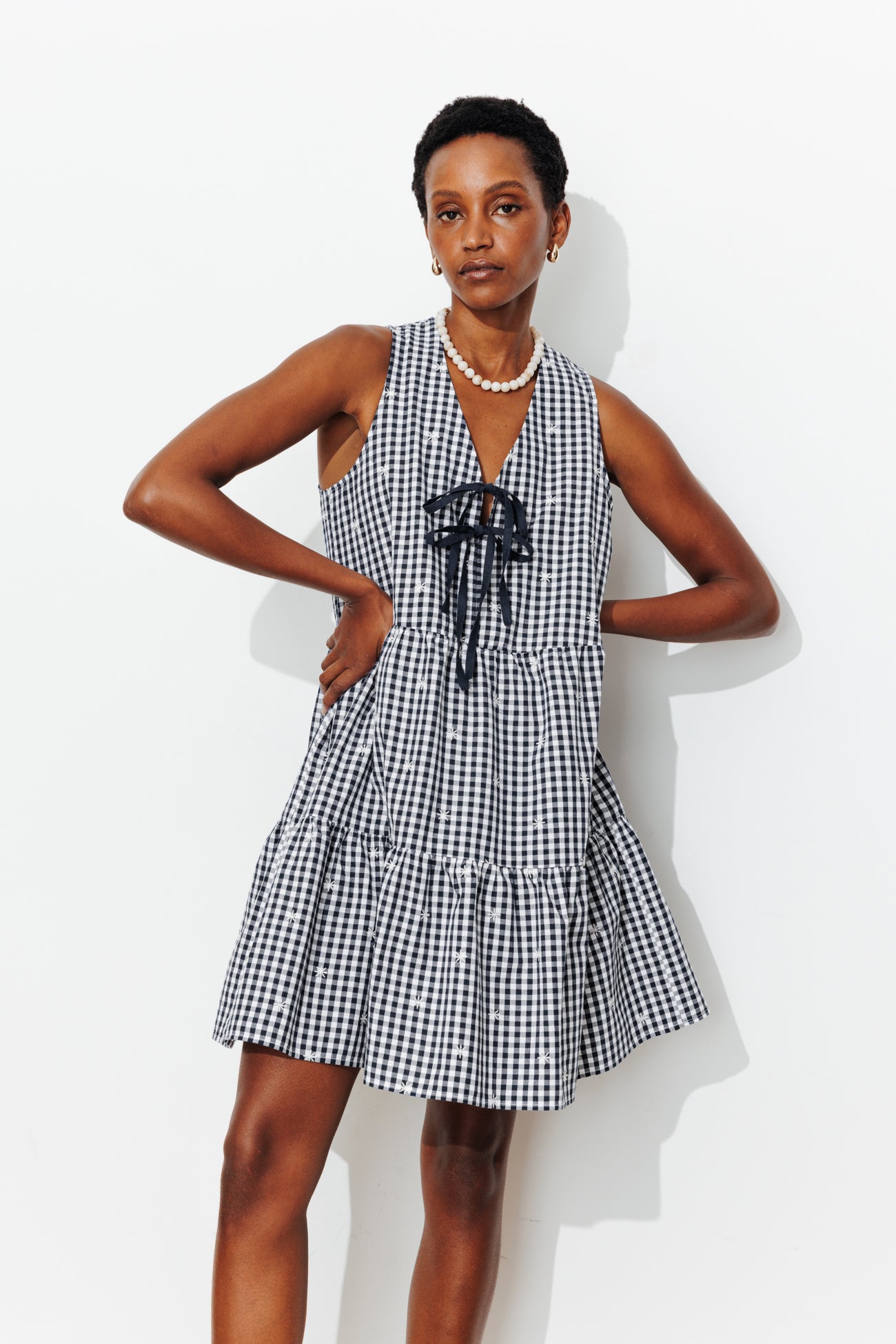 Gingham dress with ties - Navy blue checks