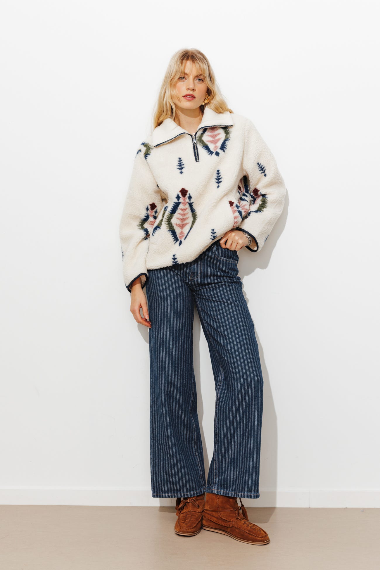 Jean large rayé taille haute