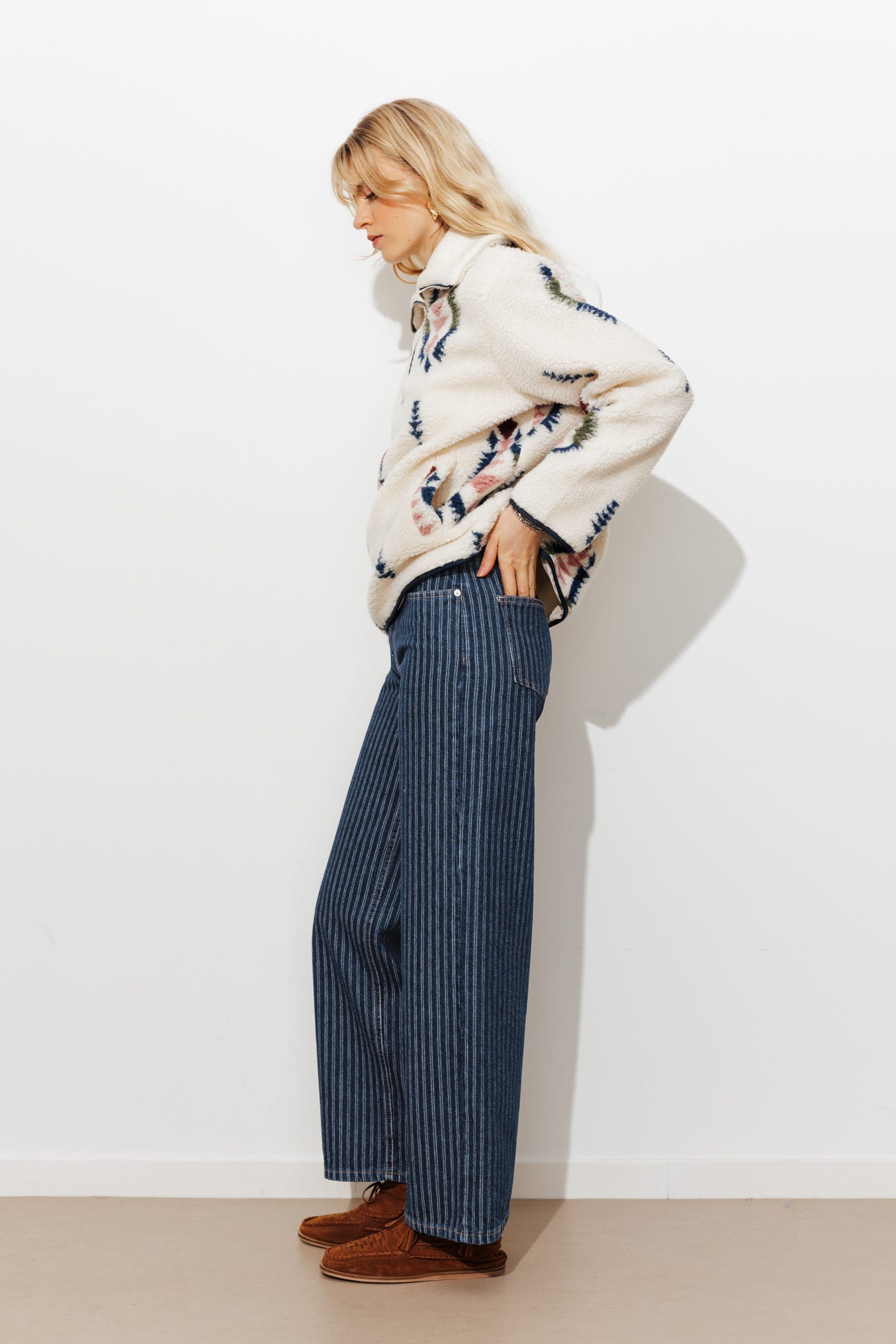 Jean large rayé taille haute