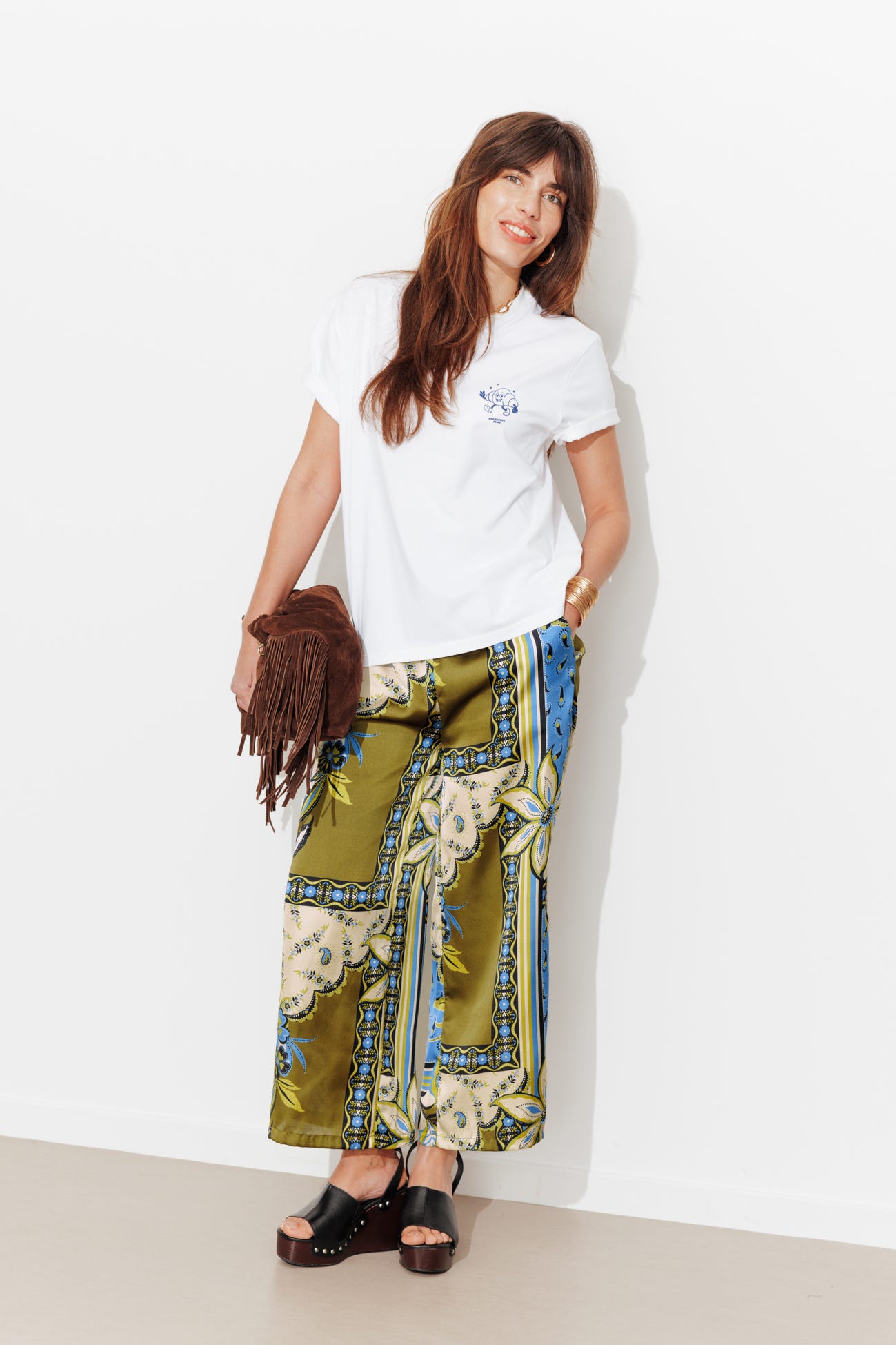 Pantalon large satin imprimé