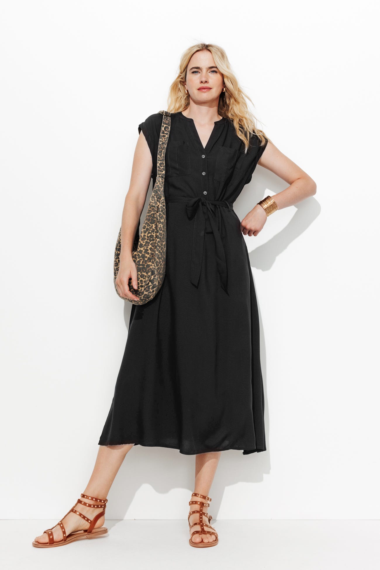 Vestido midi cinturón liso