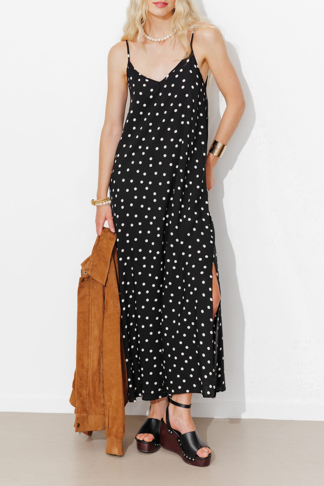 Robe longue à bretelles à pois