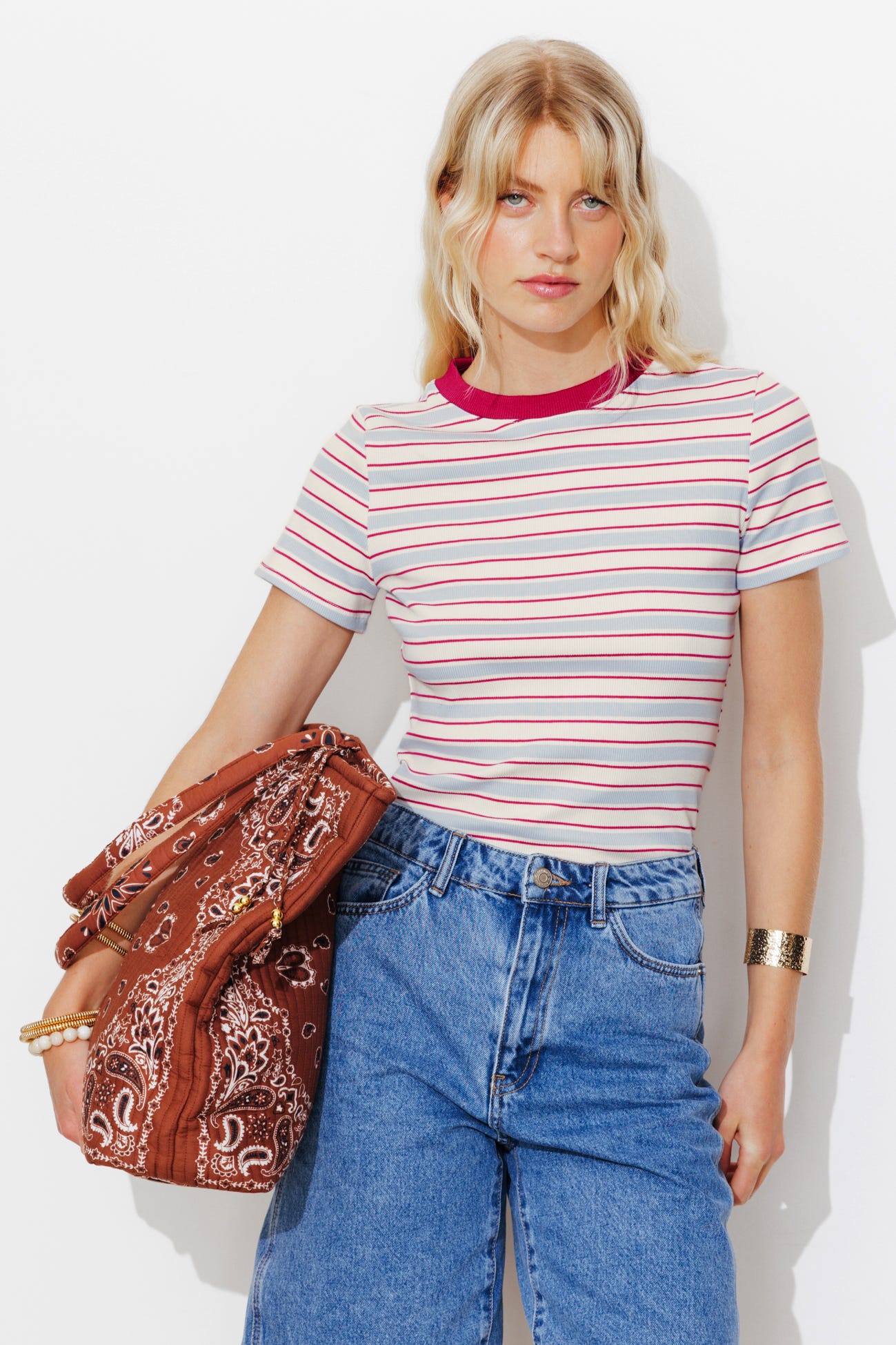 T-shirt côtelé et rayé Femme