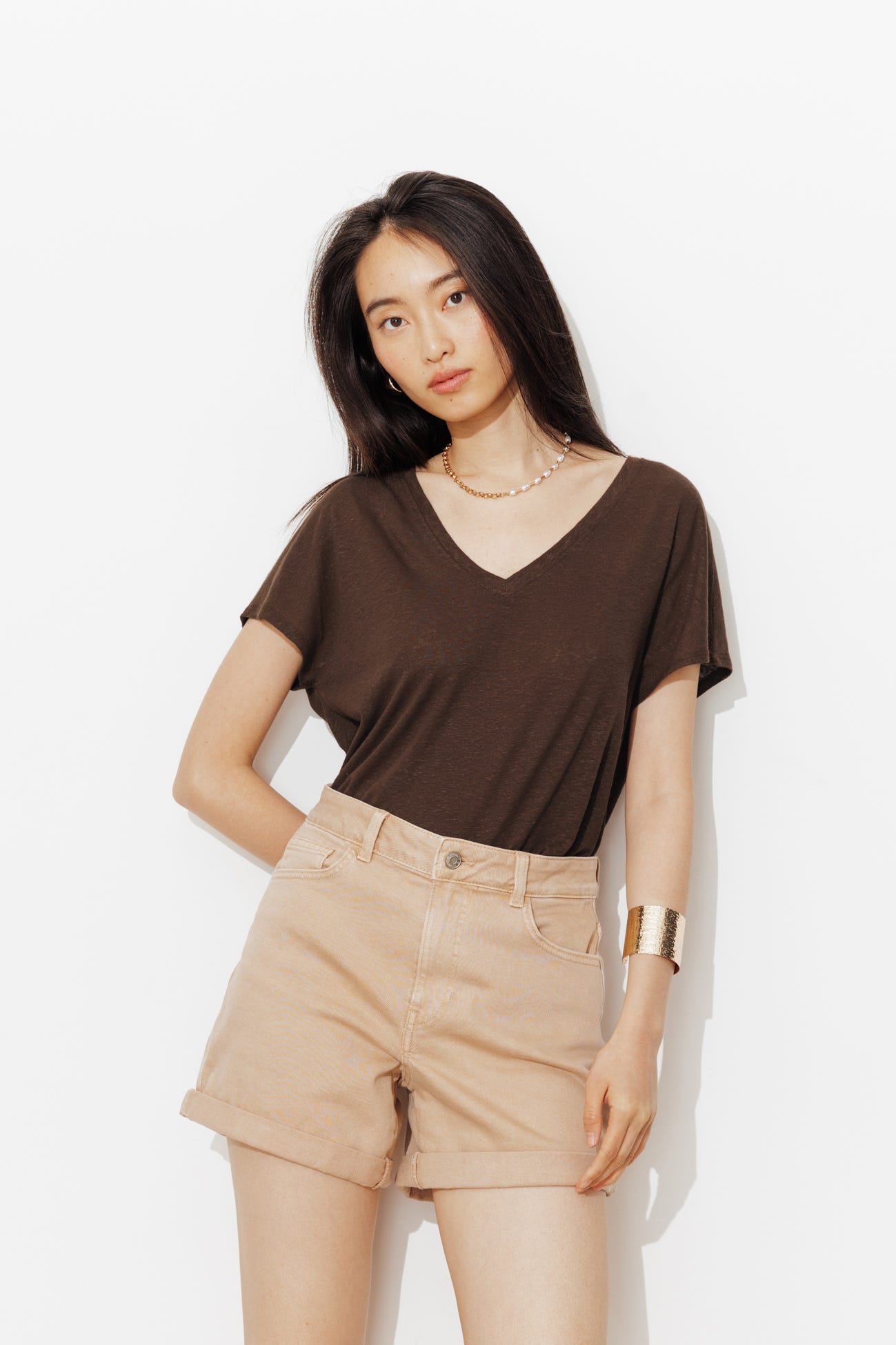 T-shirt uni col V Femme