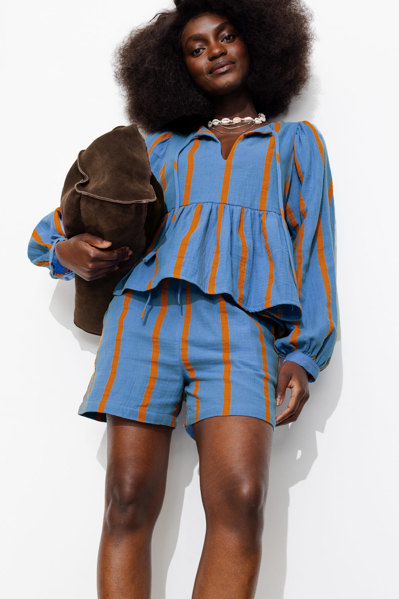 Short rayé en gaze de coton