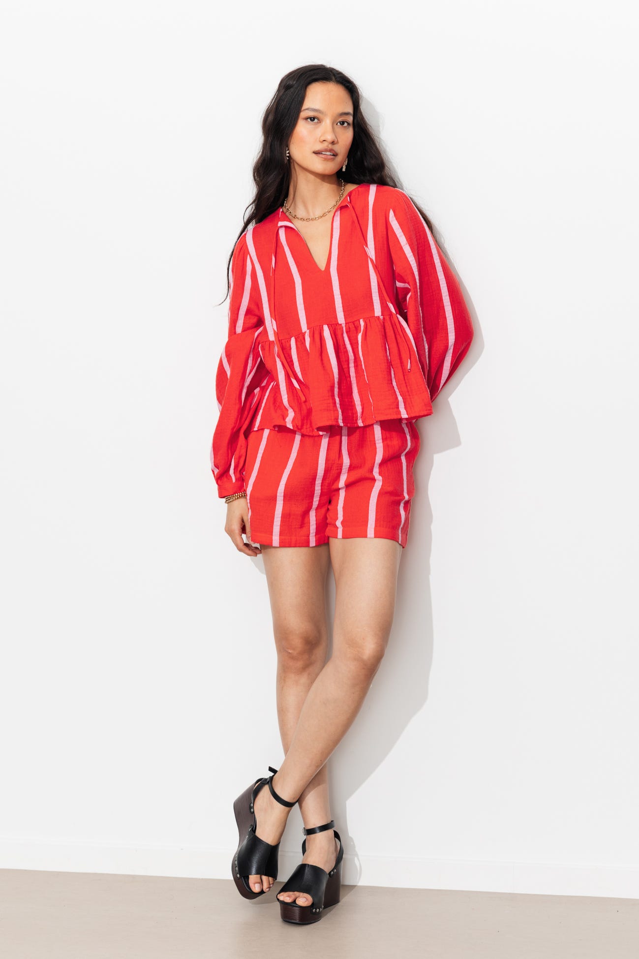 Short rayé en gaze de coton