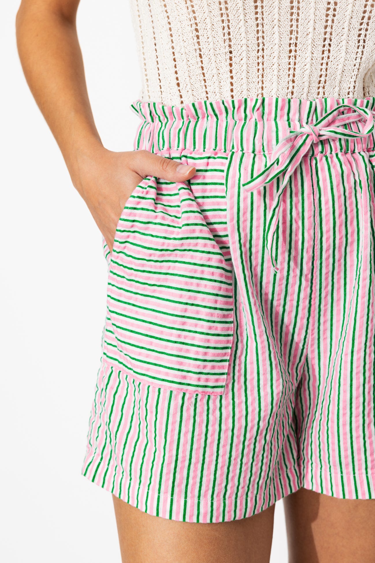 Striped paper bag shorts 