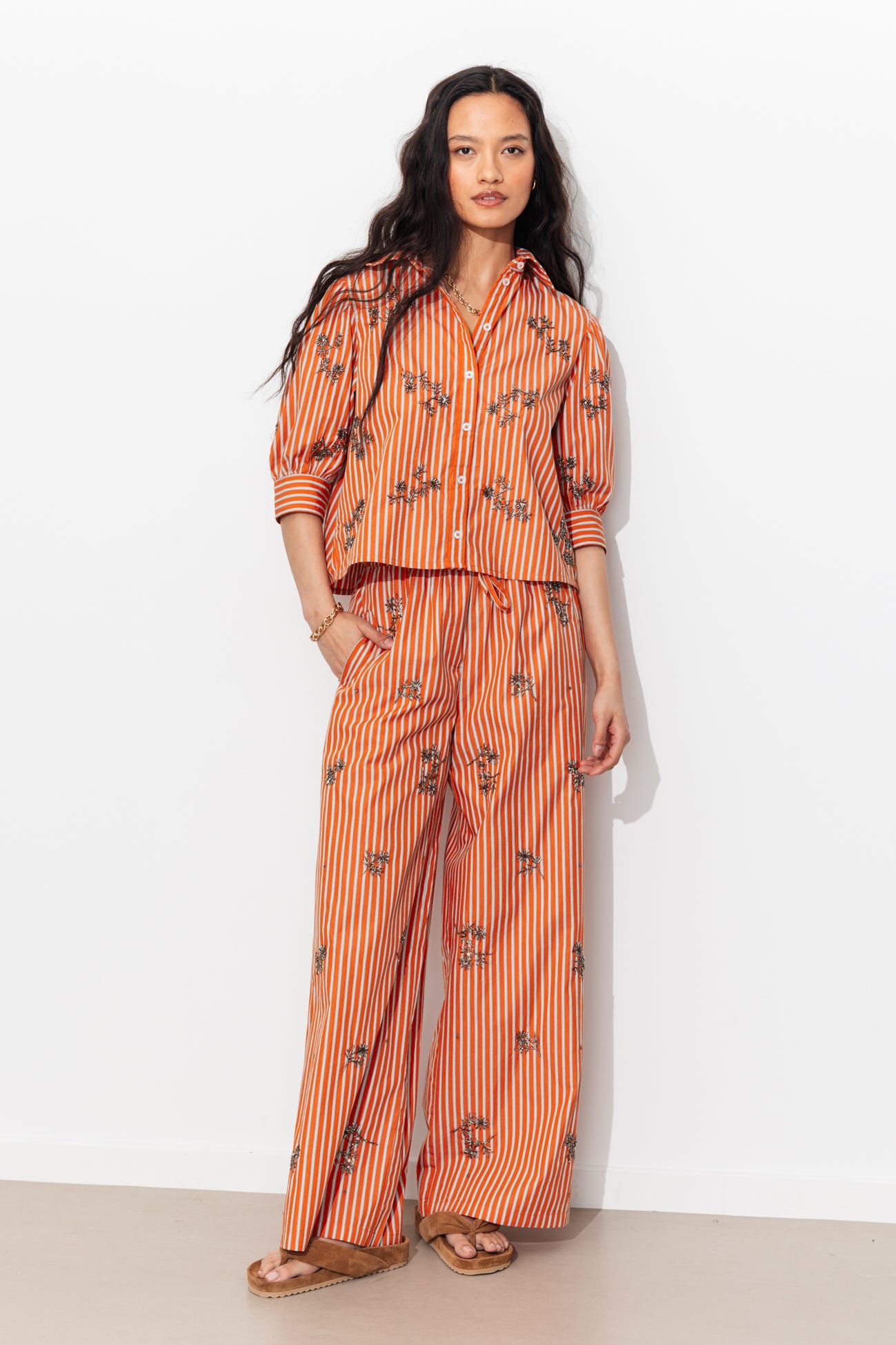 Pantalon large rayé perlé