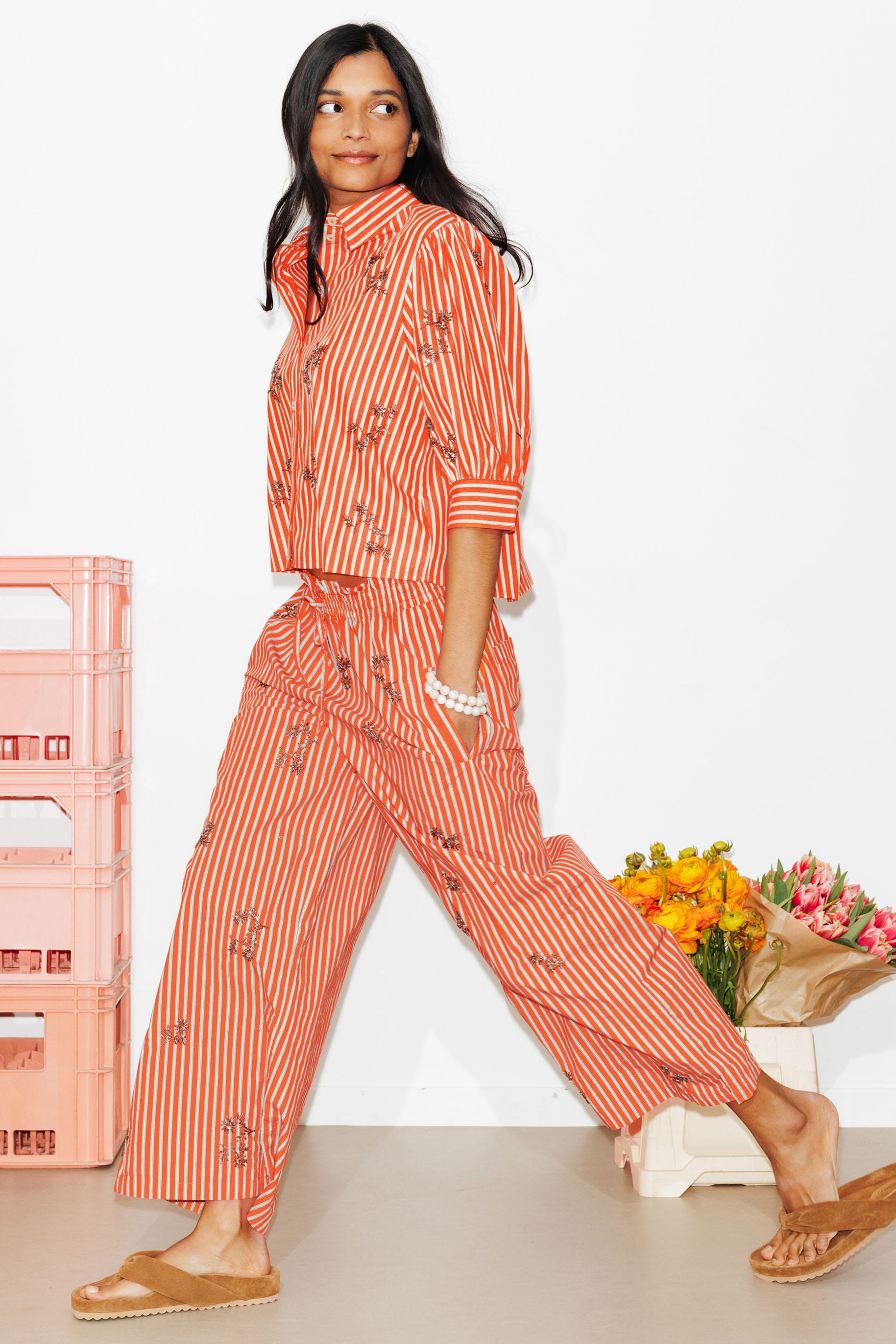 Pantalon large rayé perlé