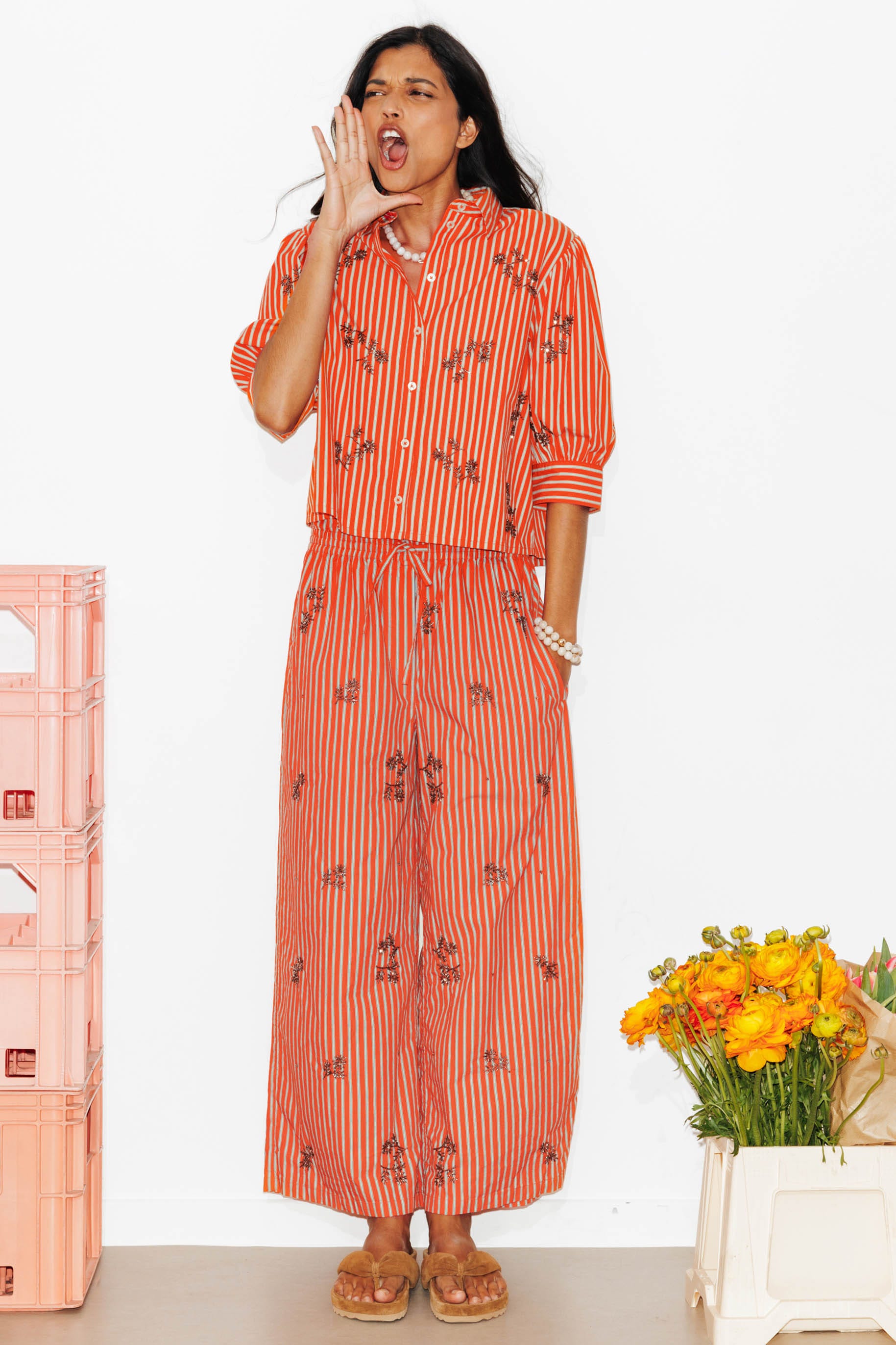 Pantalon large rayé perlé